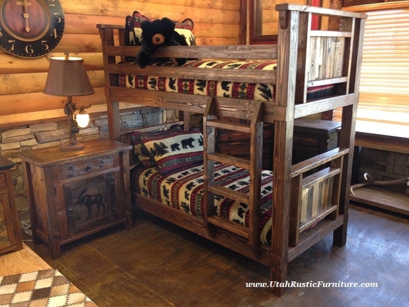 Dark Wood Cabin Bunk Bed Set with Moose Motif Nightstand Door