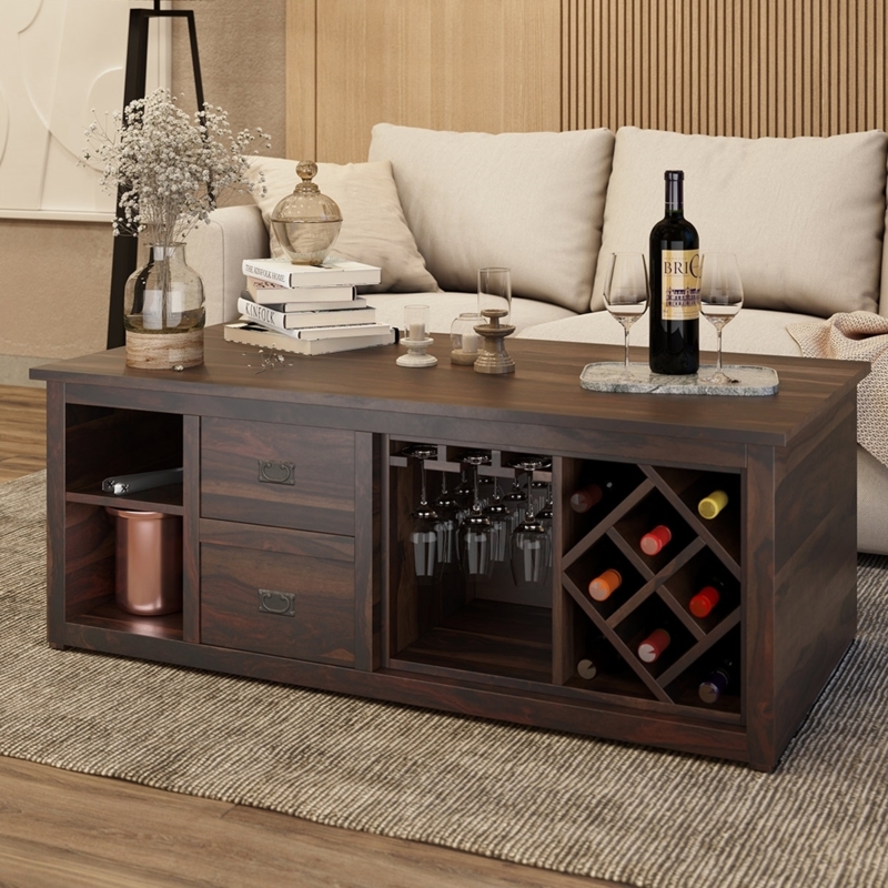Dark Wood Coffee Table with Integrated Wine Rack and Stemware Storage