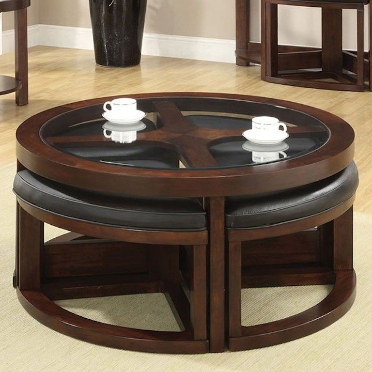 Dark Wood Nesting Set with Cross Brace, Glass Top, Hidden Seating