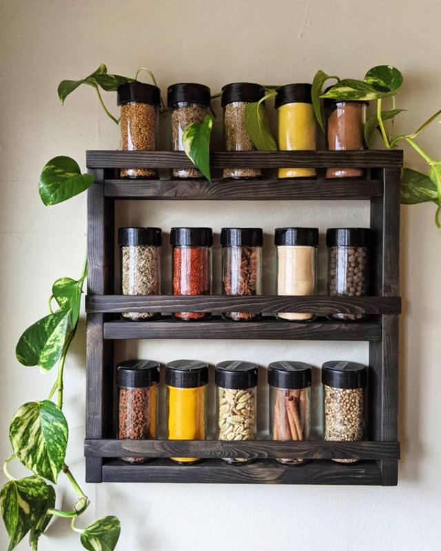 Dark Wood Spice Rack 3-Tier Espresso Finish Modern Pantry Shelf