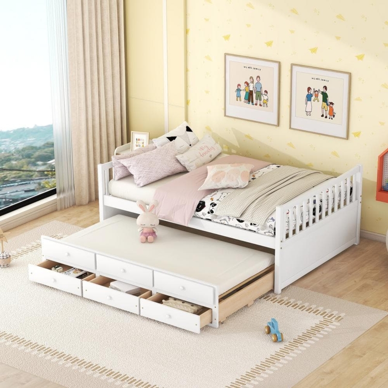 Day Bed with Slatted Backrest, Kids Captain's Bed with Drawers