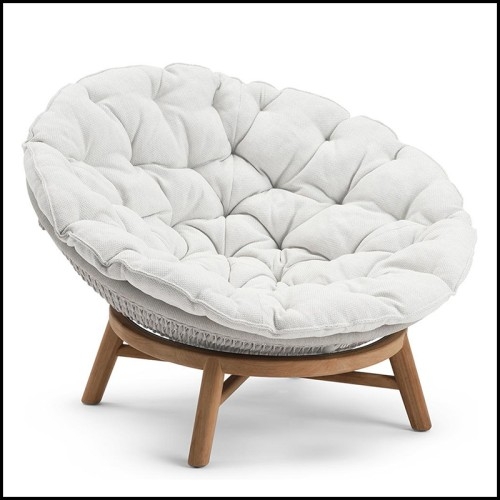 Daybed Circular Frame Cream White Tufted Seat Wood Toned Woven Base