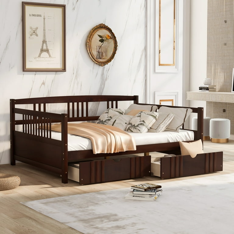 Daybed Espresso Wood Storage Drawers Slatted Back Transitional