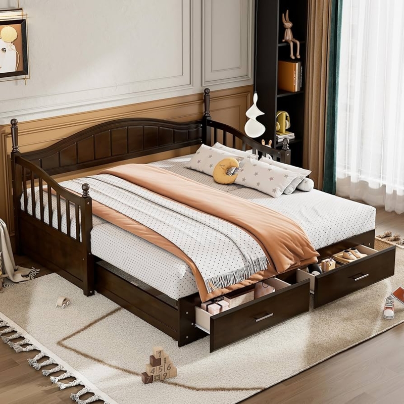 Daybed Extendable Frame Twin To King Espresso Wood Storage Drawers