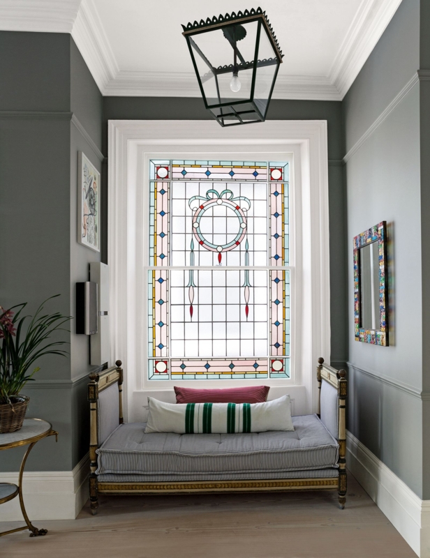 Daybed Striped Bolster Stained Glass Focal Point Hallway Styling