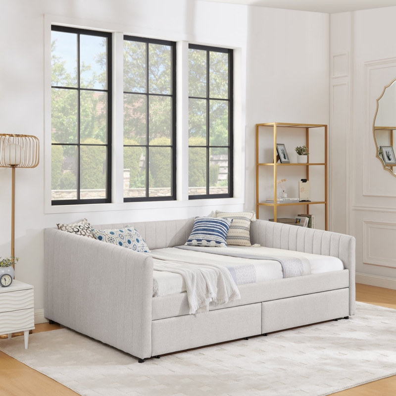 Daybed Vertical Channel Tufting Light Gray Trundle Base