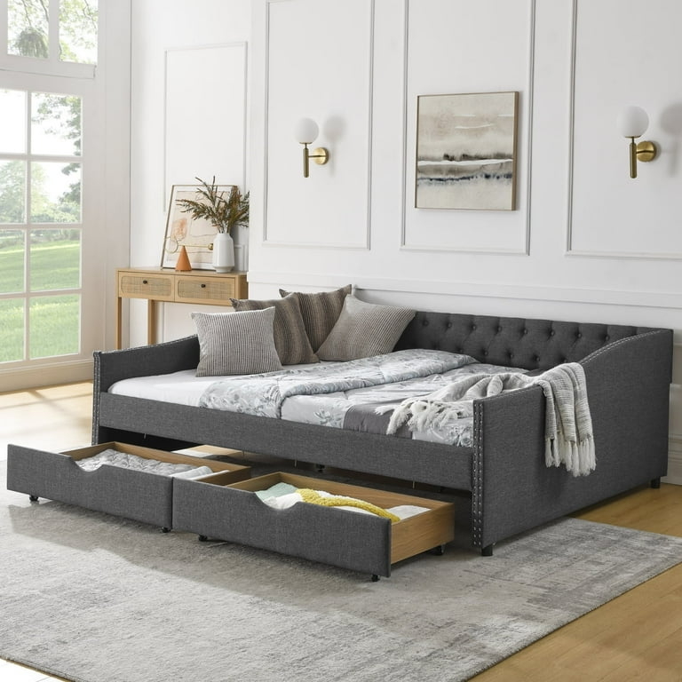 Daybed Waved Arms Dark Gray Upholstered Storage