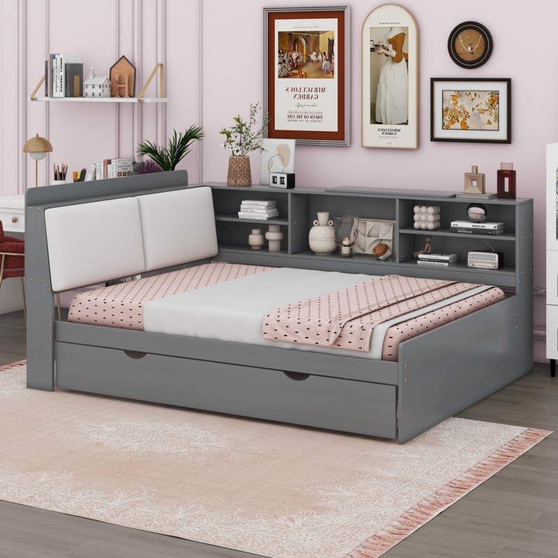 Daybed with Trundle, Matte Gray Bookcase & Upholstered Backrest Panels