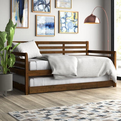Daybed with Trundle Walnut Wood Horizontal Slats Low Profile