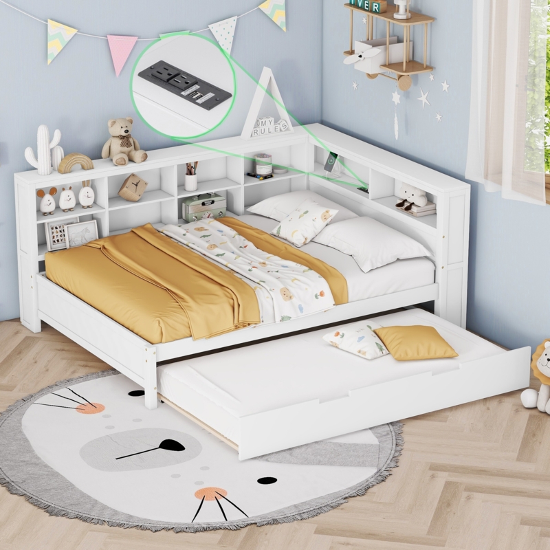 Daybed with Trundle, White L-Shaped Corner Bookcase, USB Ports