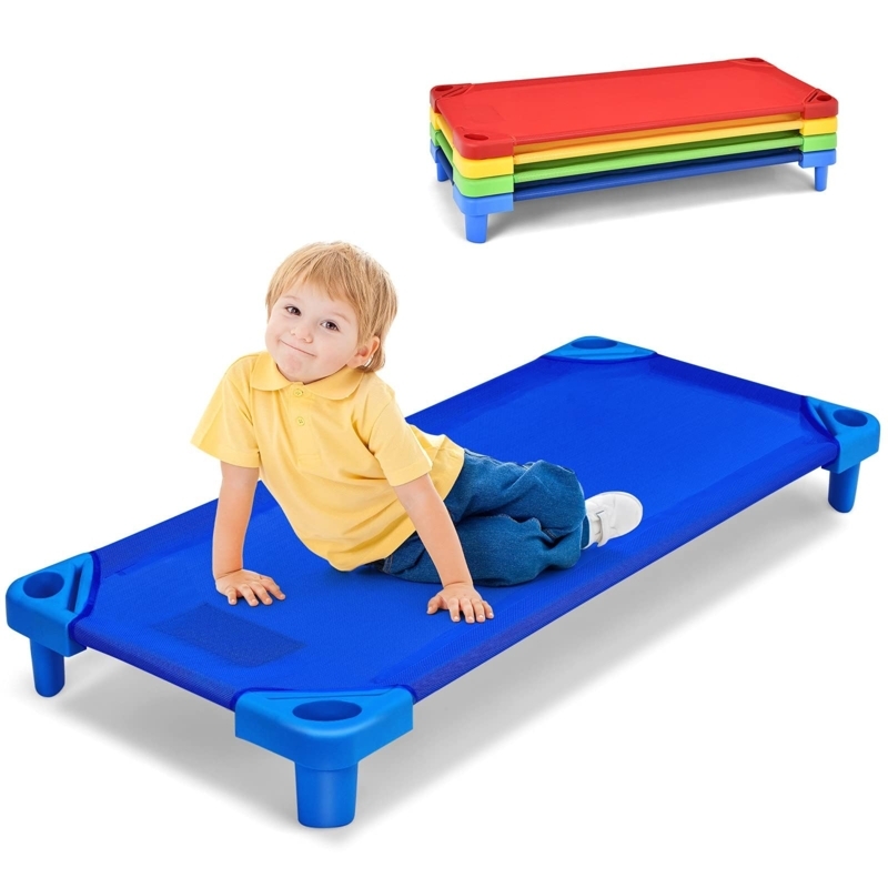 Daycare Cot, Breathable Mesh, Stackable Design, Primary Colors.