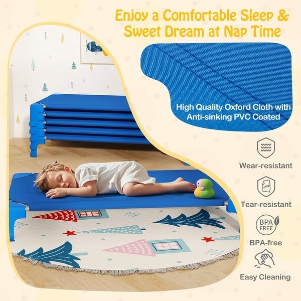 Daycare Cot, PVC Coated Oxford Cloth, Primary Blue, Stackable Design.