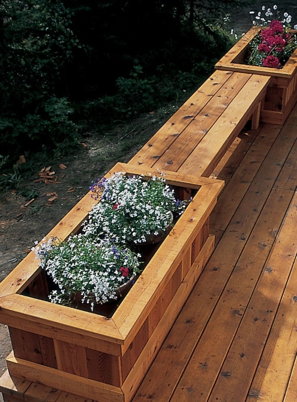 Deck Bench Planter Rectangular Form Honey Brown Stained Planked Seating