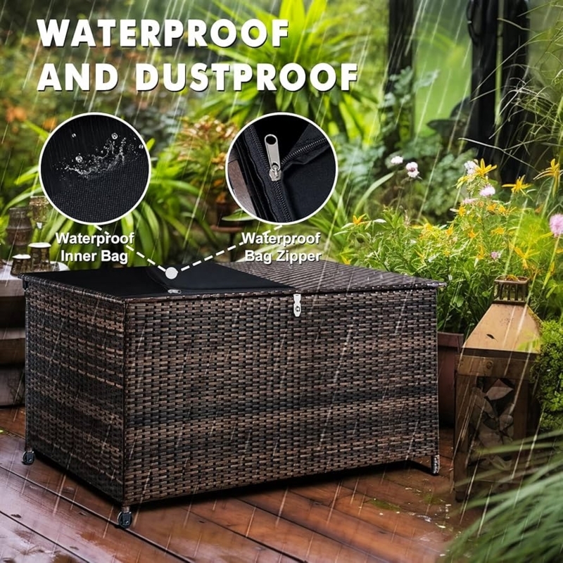 Deck Box, 120 Gallon Espresso Wicker with Waterproof Inner Bag