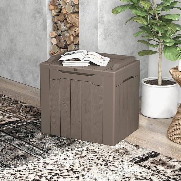 Deck Box: Brown Wood Grain Resin, 32 Gallon Storage Seat