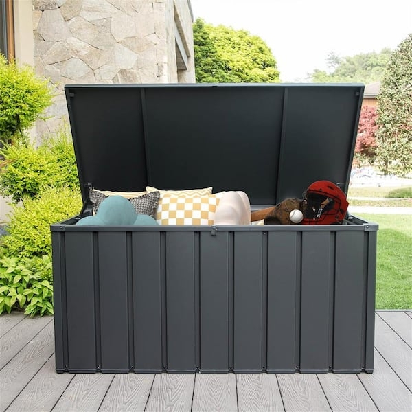 Deck Box, Charcoal Gray Metal-Like Chest with Vertical Slats