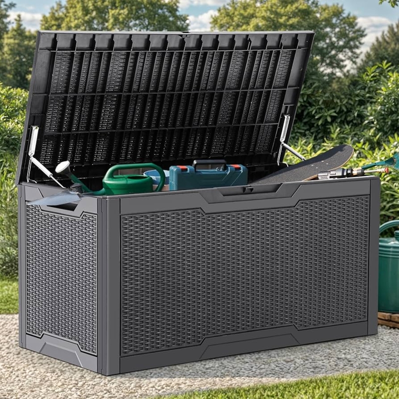 Deck Box, Charcoal Wicker Texture with Gas Struts & Lockable Latch