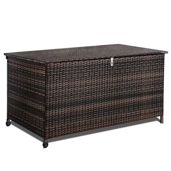 Deck Box, Espresso Wicker 130 Gallon Chest with Rolling Casters