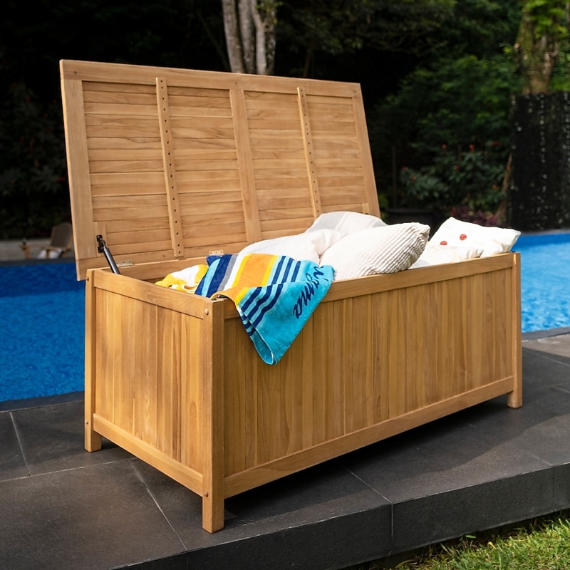 Deck Box: Natural Teak Pool Storage, Hydraulic Lid Strut