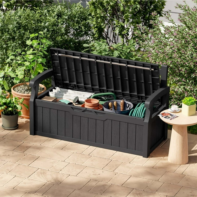 Deck Box Storage Bench Black Resin 70 Gallon Wood Grain Texture