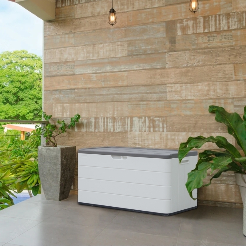 Deck Box Storage Bench White Resin Two Tone Horizontal Slat Texture