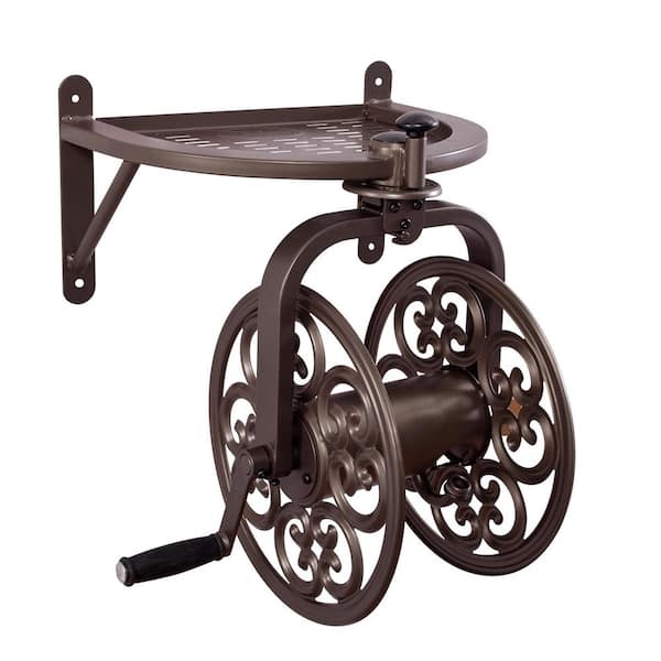 Decorative Hose Reel With Shelf Antique Bronze Rotating Swivel Base