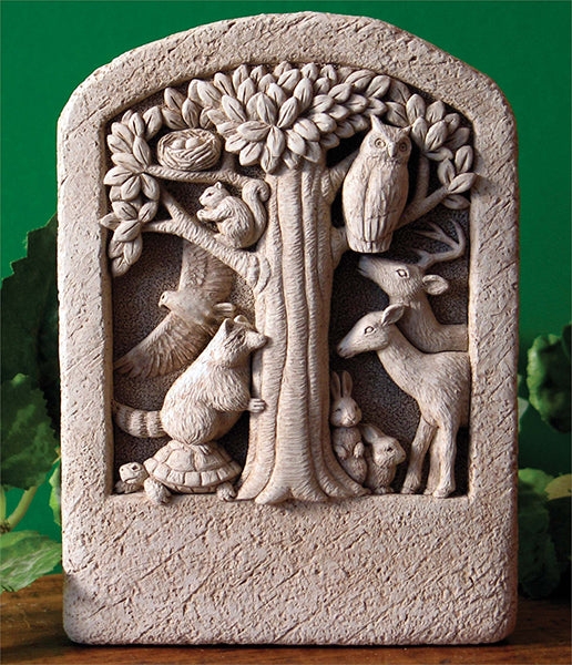 Decorative Plaque Woodland Animal Relief, Arched Stone Garden Plaque