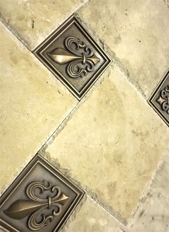 Decorative Tile Raised Relief Fleur de Lis Motif Tumbled Stone Look