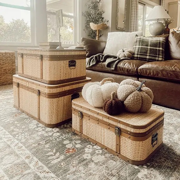 Decorative Trunks Set with Riveted Trim and Antique Hardware