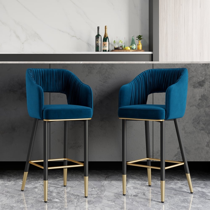 Deep Blue Bar Stool with Vertical Channel Tufting and Gold Accents