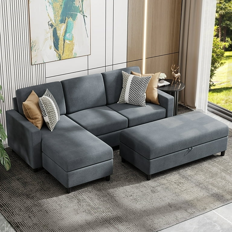 Deep Grey Linen Sectional Sofa with Reversible Chaise and Storage Ottoman