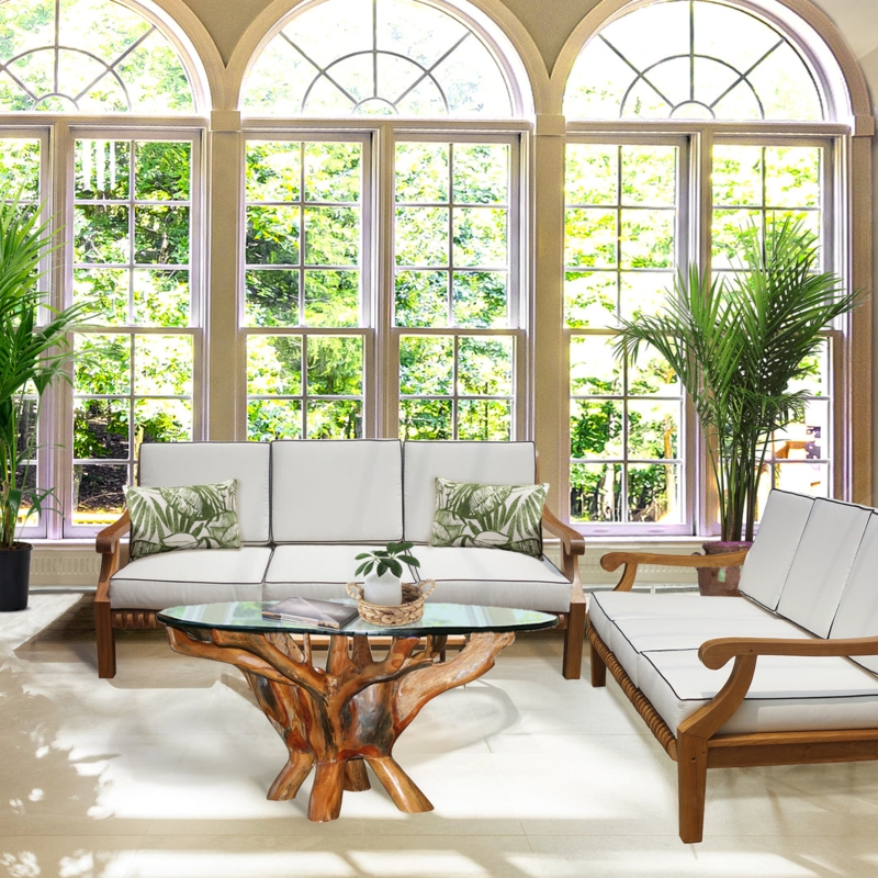 Deep Seating Sofa Tropical Coastal White Cushions Black Piping Detail