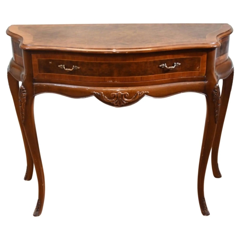 Demi-Lune Console Table: Burl Wood Veneer with Carved Apron Detail