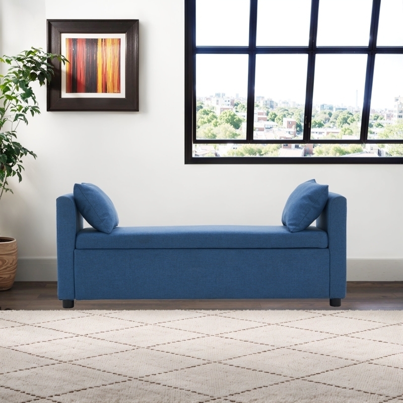 Denim Blue Storage Bench with Integrated Arms and Matching Pillows