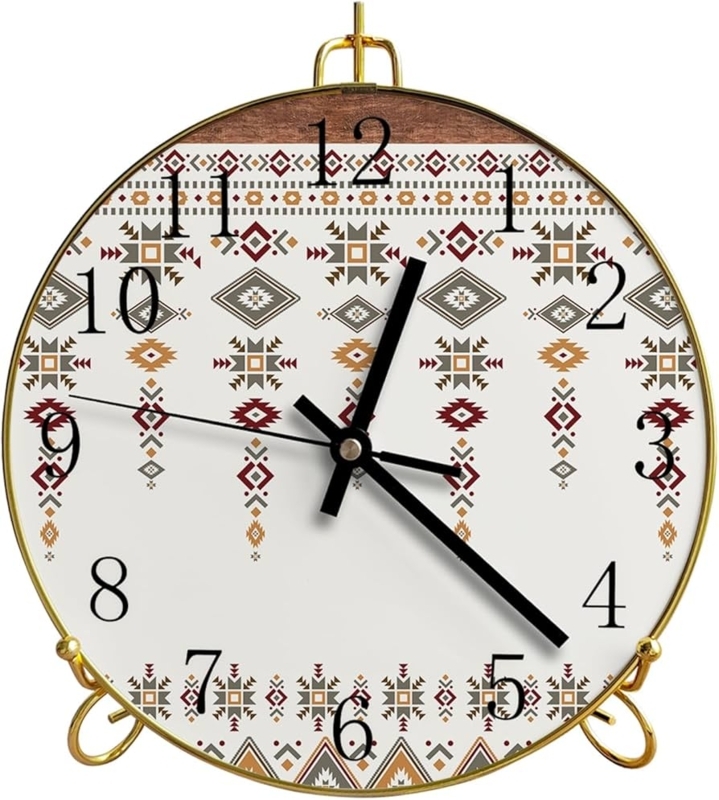 Desk Clock: Geometric Tribal Motifs, Gold Wire Stand Southwest Decor
