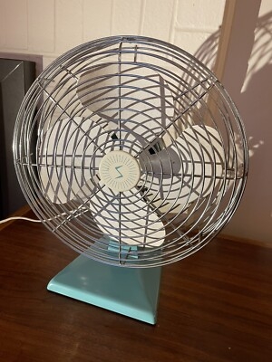Desk Fan Vintage Turquoise Sunburst Logo Hub Chrome Radial Cage