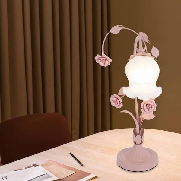 Desk Lamp: Rose Accents, Floral Glass Shade, Arched Arm, Shabby Chic