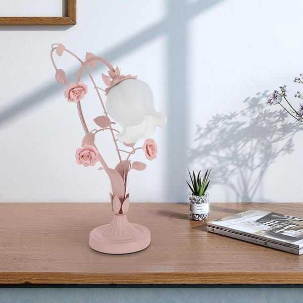 Desk Lamp with Bell Shaped Shade and Curved Stem, Pink Rose Desk Lamp