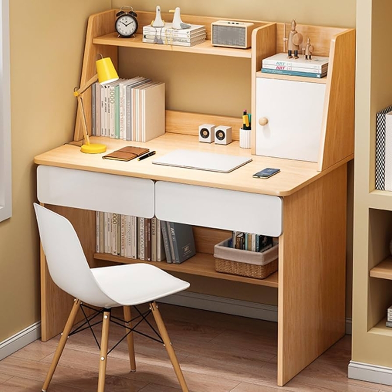 Desk with Hutch and Contrast White Panels in Light Oak