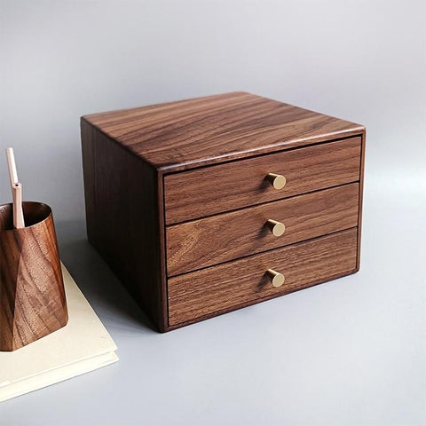 Desktop Drawer Chest with Walnut Grain and Brass Knobs