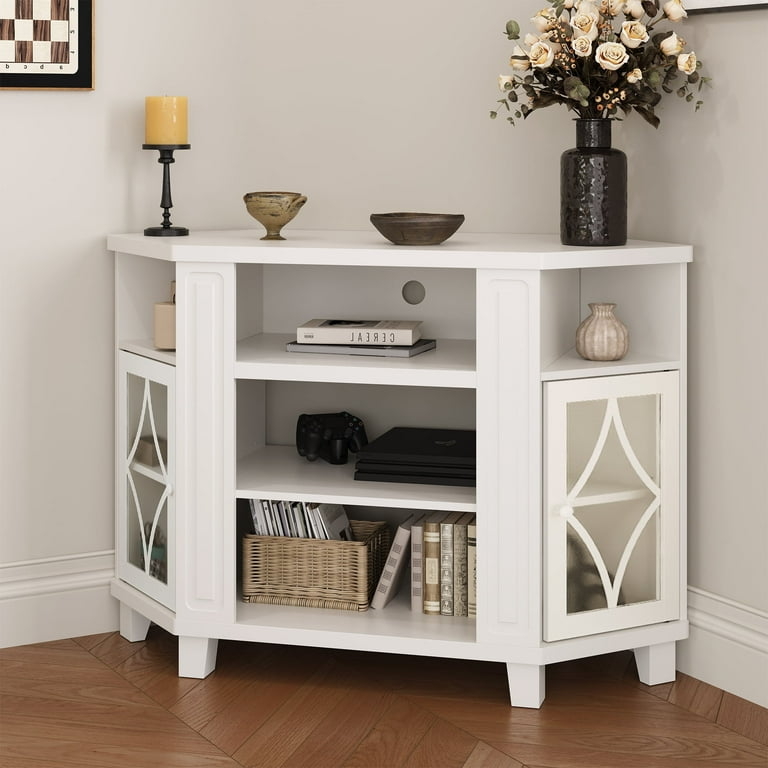 Diamond Fretwork Media Console: White Corner TV Stand with Acrylic Doors