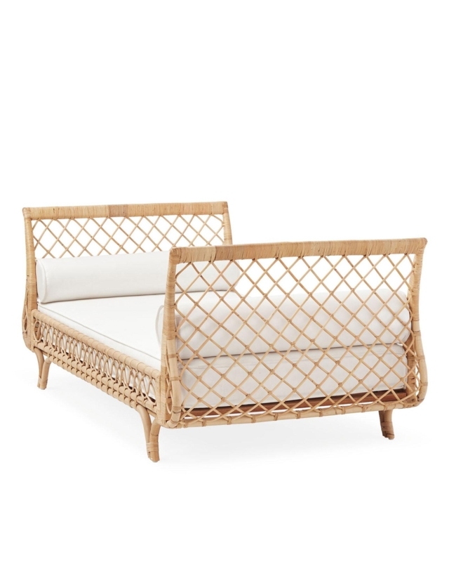 Diamond Lattice Rattan Daybed, Bolster Pillows, Coastal Style
