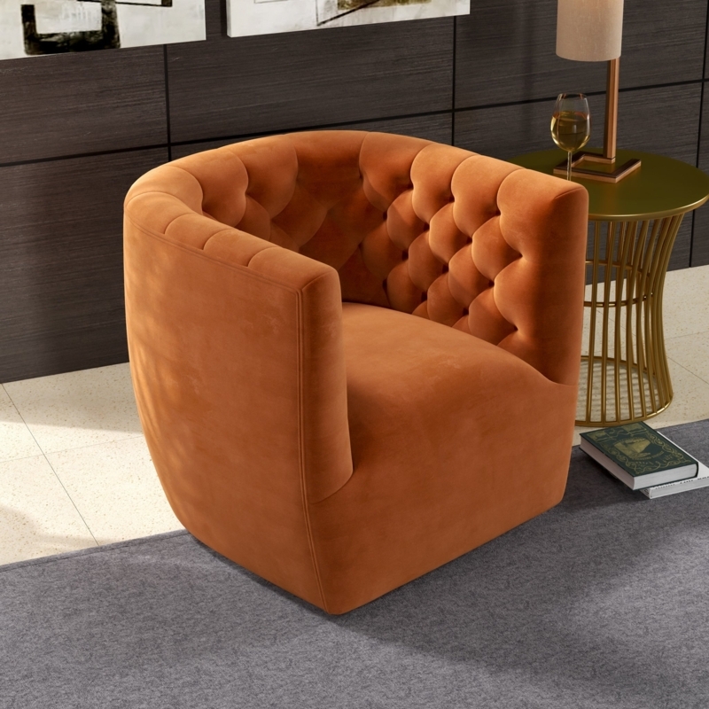 Diamond Tufted Swivel Chair, Burnt Orange Velvet Barrel