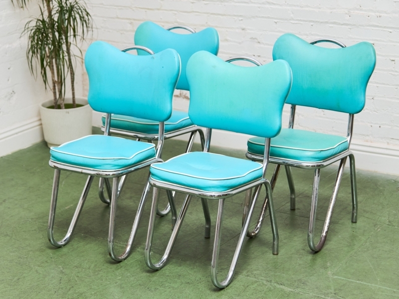 Diner Chairs Set of 4: Turquoise Sweetheart Back, Chrome Hairpin Legs