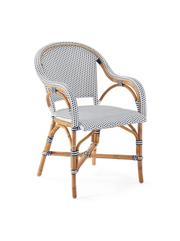Dining Armchair Rattan Frame Navy White Checkered Weave Joint Wraps