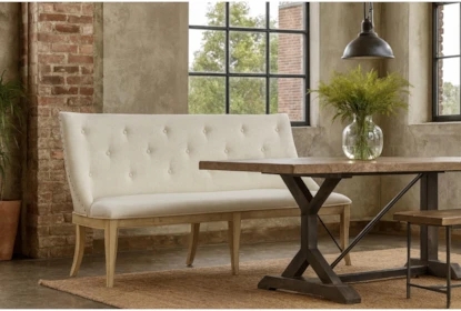 Dining Bench Button Tufting Cream Upholstery Nailhead Trim Wingback Sides