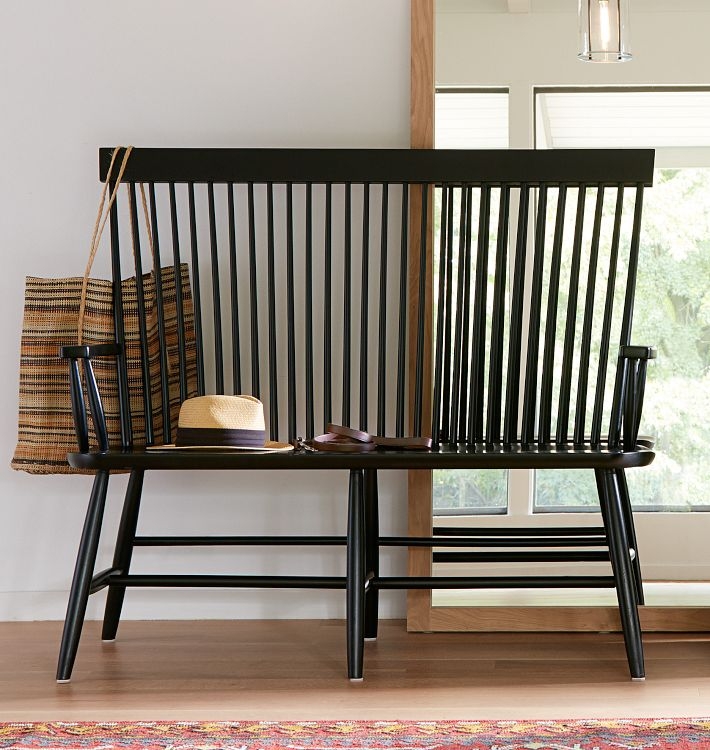 Dining Bench High Back Matte Black Spindle Design Modern Windsor