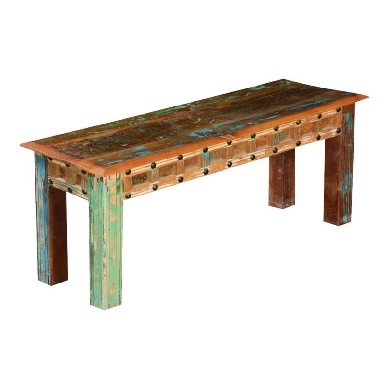 Dining Bench Multicolor Reclaimed Wood Metal Studs Rustic Gothic