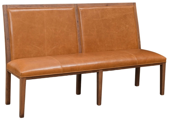 Dining Bench Six Leg Base Cognac Brown Upholstery High Back Mission Style