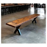 Dining Bench Solid Slab Top X-Legs Industrial Rustic Walnut